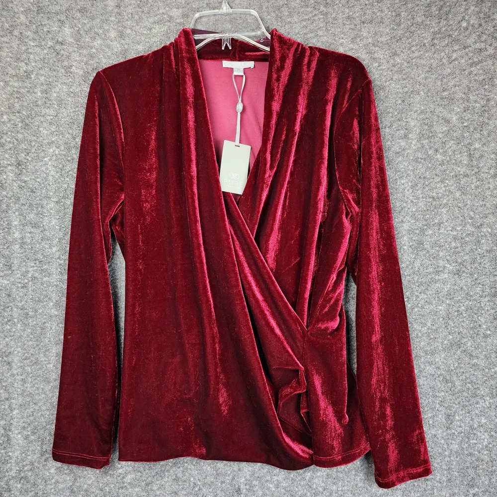 Pure Collection Wrap Top Womens 14-16 Burgundy Velour Soft Jersey V-Neck LW-P98B
